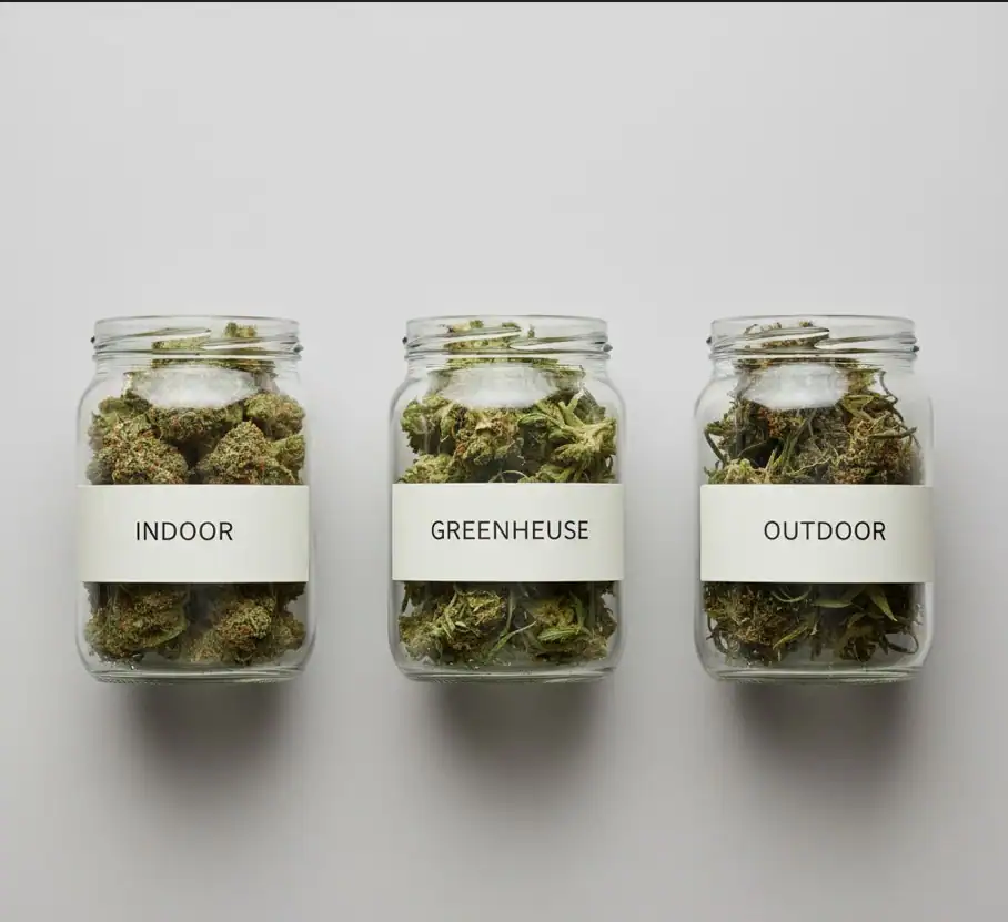 Comparativa visual de flores de CBD indoor, greenhouse y outdoor