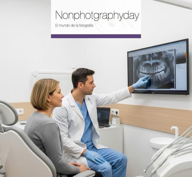 Dentista explicando un diagnóstico dental con imágenes